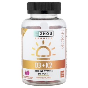 Zhou Nutrition, жевательные мармелашки D3 и K2, натуральная клубника, 60 жевательных таблеток
