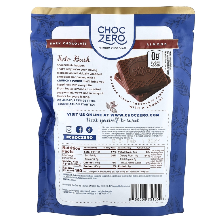 ChocZero, Keto Bark, темный шоколад, миндаль с морской солью, 15 мини-батончиков, 170 г (6 унций)