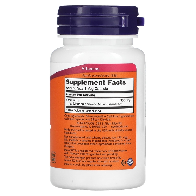 NOW Foods, MK-7, витамин K2, 300 мкг, 60 вегетарианских капсул