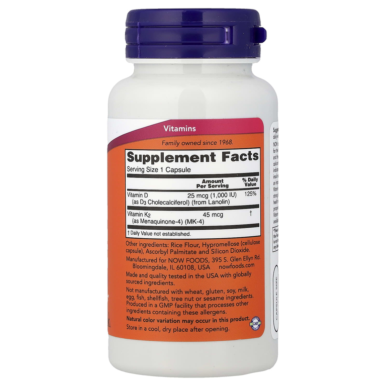 NOW Foods, витамины D3 и K2, 120 капсул