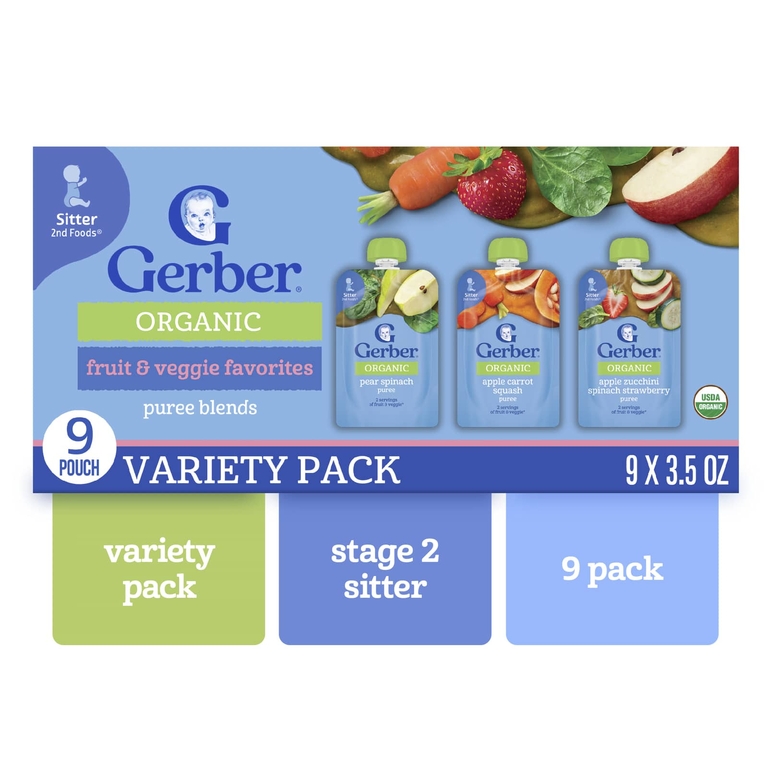 Gerber, органические смеси для пюре, ассорти, 2nd Foods®, любимые фрукты и овощи, 9 паучей по 99 г (3,5 унции)