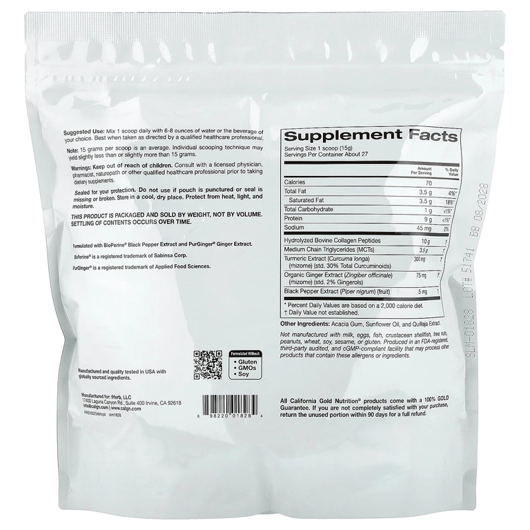 California Gold Nutrition, гидролизованные пептиды коллагена с куркумой, МСТ и имбирем, 400 г (14,1 унции)