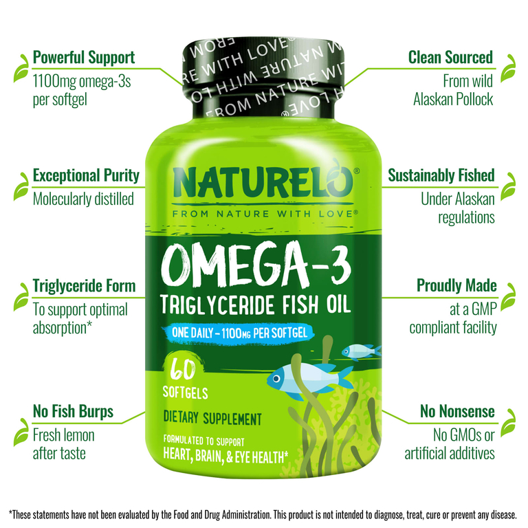 NATURELO, омега-3, рыбий жир в форме триглицеридов, 1100 мг, 60 мягких таблеток