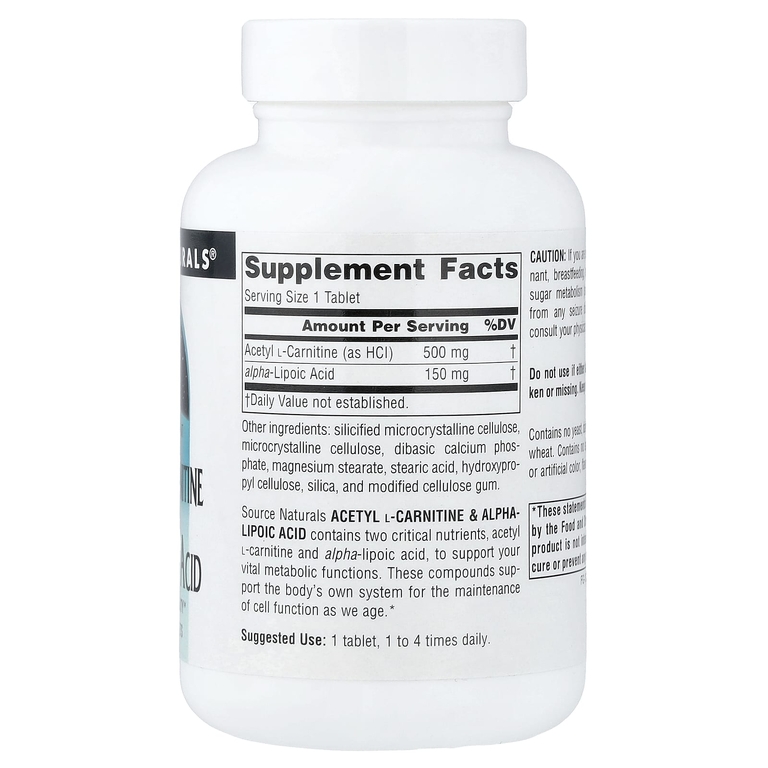 Source Naturals, ацетил-L-карнитин и альфа-липоевая кислота, 60 таблеток