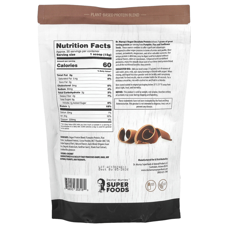 Dr. Murray's, Super Foods, протеиновый порошок из 3 видов семян, тыква, лён, подсолнечник, шоколад, 453,5 г