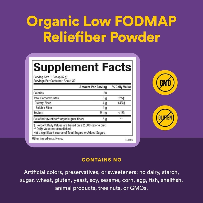 Natural Factors, Reliefiber®, органическая добавка с низким уровнем Fodmap†, с нейтральным вкусом, 150 г (5,3 унции)