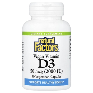 Natural Factors, Веганский витамин D3, 50 мкг (2000 МЕ), 90 вегетарианских капсул