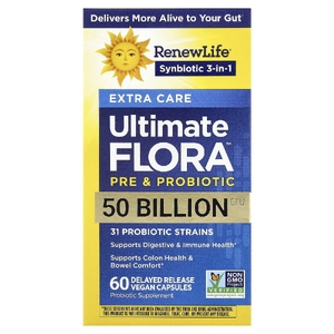 Renew Life, пробиотик Extra Care Ultimate Flora™, 50 млрд КОЕ, 60 веганских капсул с отсроченным высвобождением