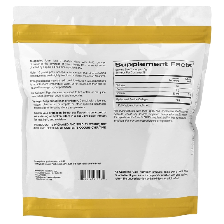California Gold Nutrition, пептиды гидролизованного коллагена типов I и III, без добавок, 460 г