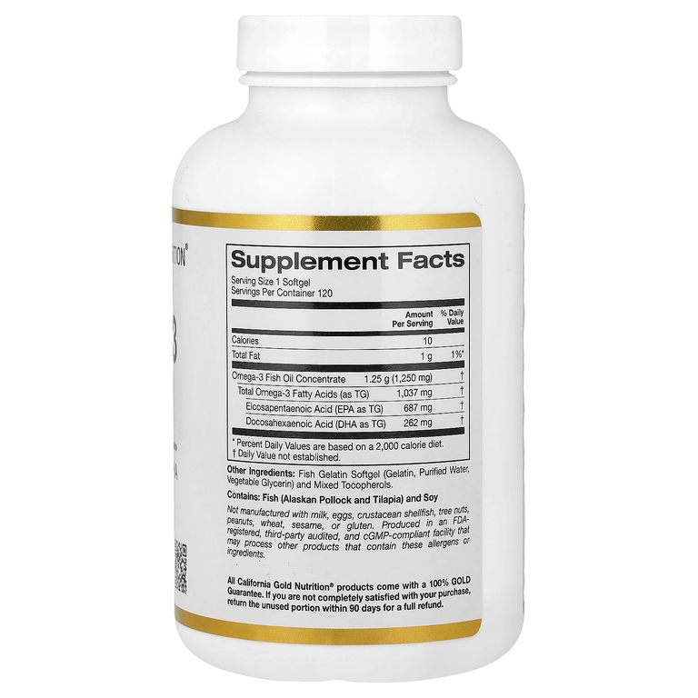 California Gold Nutrition, рыбий жир с омега-3, 120 капсул из рыбьего желатина (1250 мг в 1 капсуле)