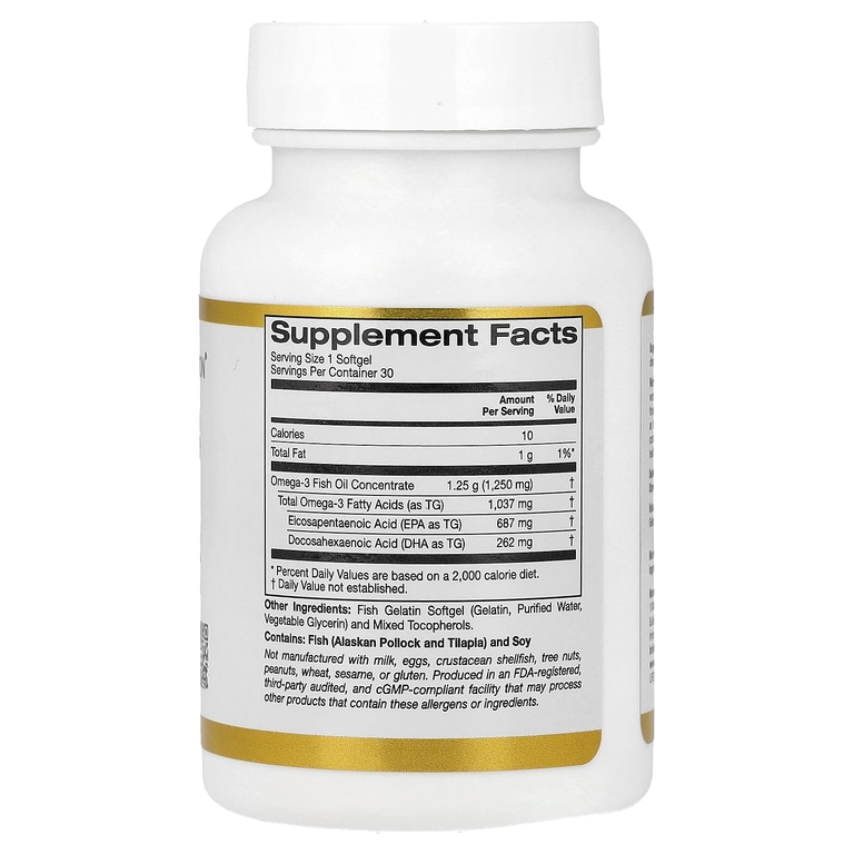 California Gold Nutrition, рыбий жир с омега-3, 30 капсул из рыбьего желатина (1250 мг в 1 капсуле)