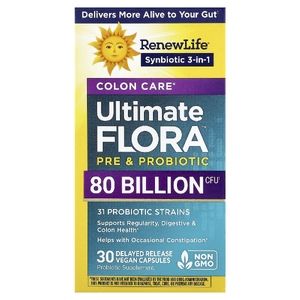 Renew Life, Ultimate Flora™, пробиотик для здоровья кишечника, 30 веганских капсул с отсроченным высвобождением