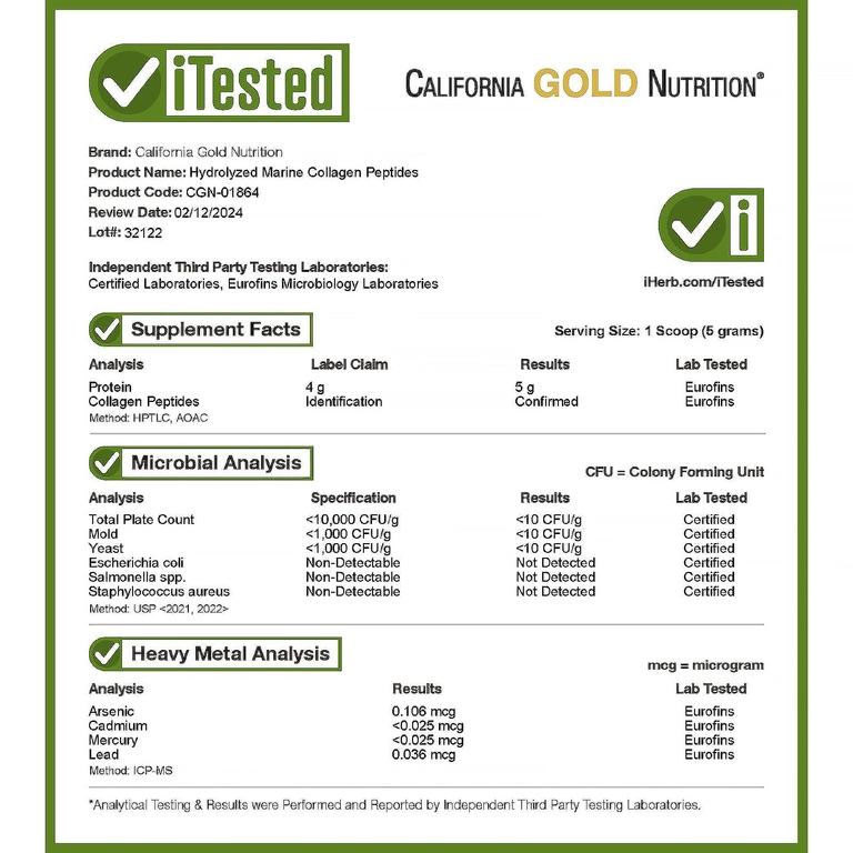 California Gold Nutrition, пептиды гидролизованного морского коллагена, без вкусовых добавок, 500 г (1,1 фунта)