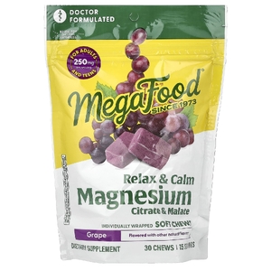 MegaFood, магний, цитрат и малат, виноград, 30 жевательных таблеток в индивидуальной упаковке (125 мг в 1 шт.)