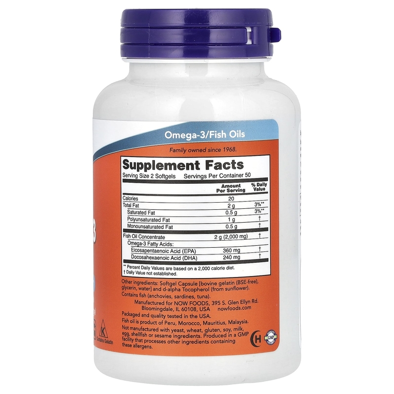 NOW Foods, рыбий жир с омега-3, 1000 мг, 180 ЭПК, 120 ДГК, 100 капсул