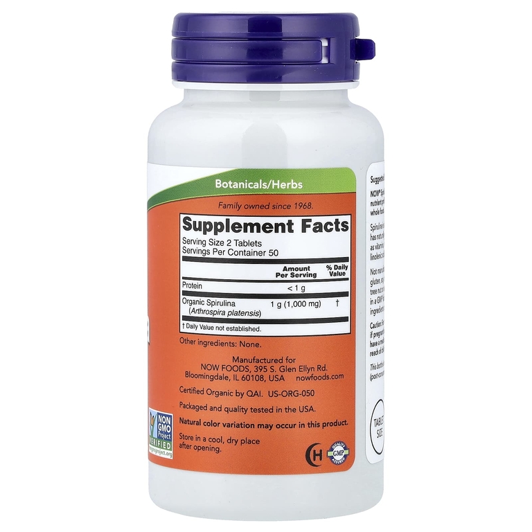NOW Foods, сертифицированная органическая спирулина, 500 мг, 100 таблеток