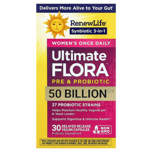 Renew Life, Ultimate Flora™, пребиотики и пробиотики для женщин, 30 веганских капсул с отсроченным высвобождением