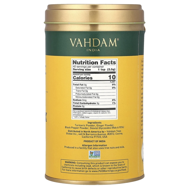 Vahdam Teas, смесь для латте, куркума и имбирь, без кофеина, 100 г (3,53 унции)