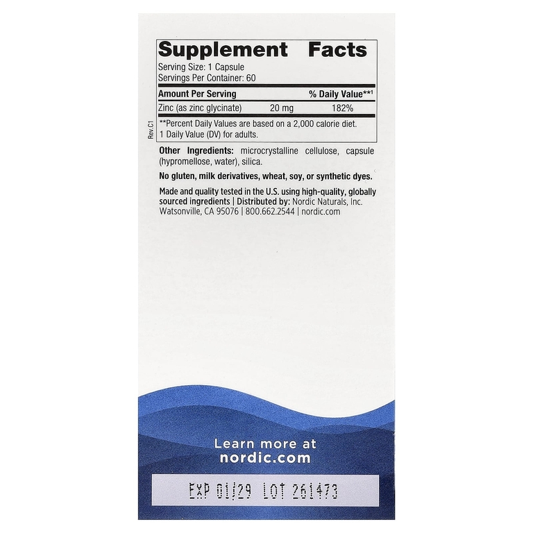 Nordic Naturals, глицинат цинка, 20 мг, 60 капсул