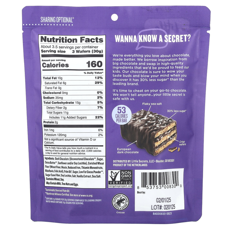 Little Secrets, Mini Crispy Wafers, темный шоколад с морской солью, 100 г (3,5 унции)