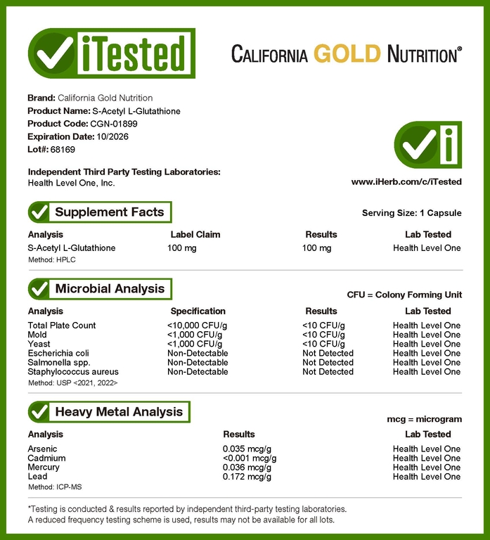 California Gold Nutrition, S-ацетил-L-глутатион, 100 мг, 30 растительных капсул