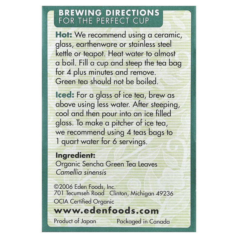 Eden Foods, органический сенча, зеленый чай, 16 чайных пакетиков, 24 г (0,84 унции)