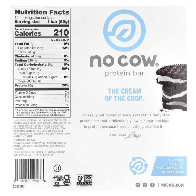 No Cow, протеиновый батончик, со вкусом печенья с кремом, 12 батончиков, 60 г (2,12 унции)