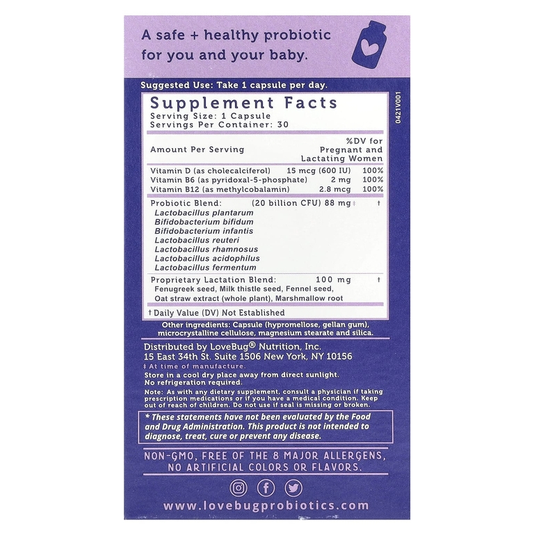 LoveBug Probiotics, послеродовой пробиотик, 20 млрд КОЕ, 30 капсул