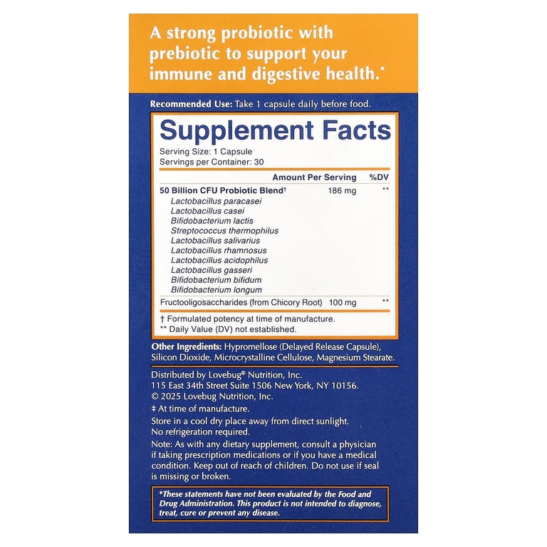 LoveBug Probiotics, ежедневный пробиотик улучшенной силы, 30 капсул