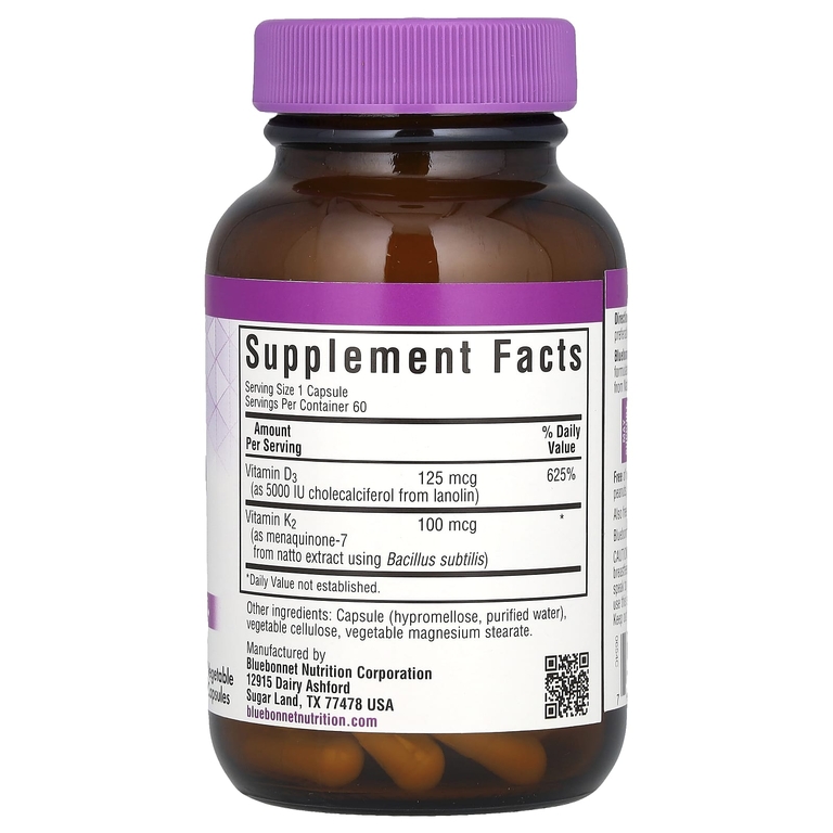 Bluebonnet Nutrition, витамины D3 и K2, 60 вегетарианских капсул