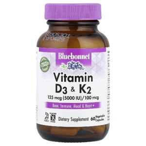 Bluebonnet Nutrition, витамины D3 и K2, 60 вегетарианских капсул