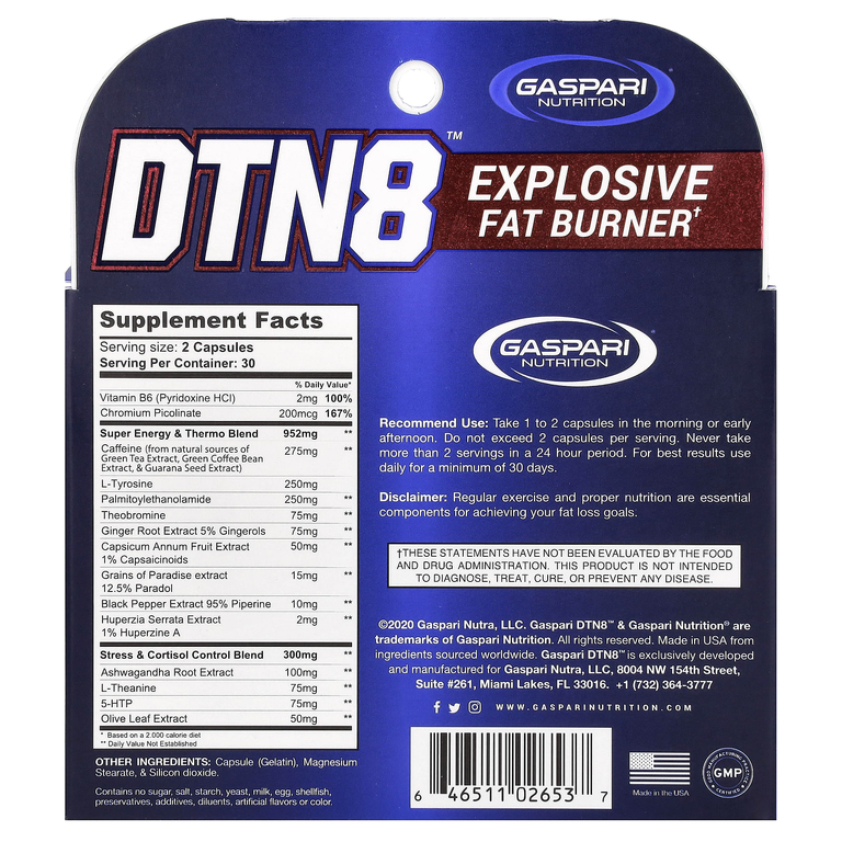 Gaspari Nutrition, DTN8, взрывное средство для сжигания жира, 60 капсул