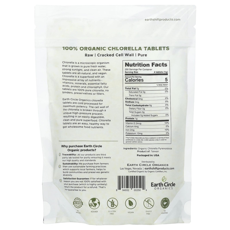 Earth Circle Organics, 100% органическая хлорелла, 1000 таблеток, 248 г