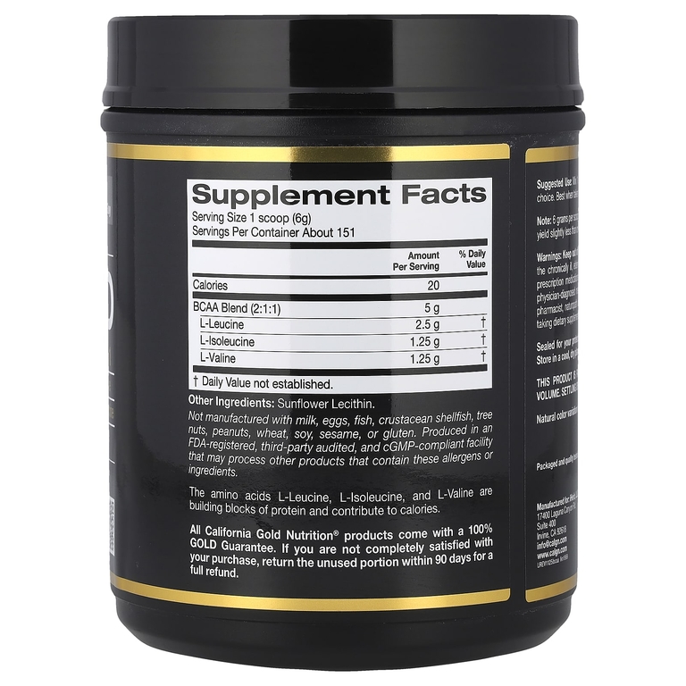 California Gold Nutrition, быстрорастворимый порошок BCAA с L-лейцином, L-изолейцином и L-валином, без ароматизаторов, 907 г (2 фунта)