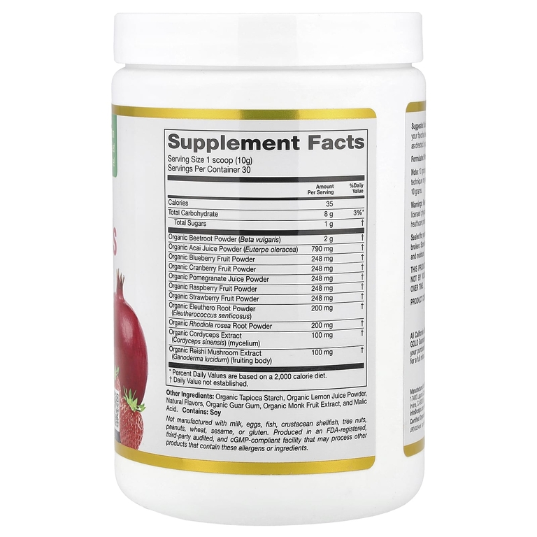 California Gold Nutrition, Superfoods, органические красные суперфуды с порошками из органических ягод асаи, органической черники, органической клюквы и органического граната, смесь ягод, 300 г (10,58 унции)