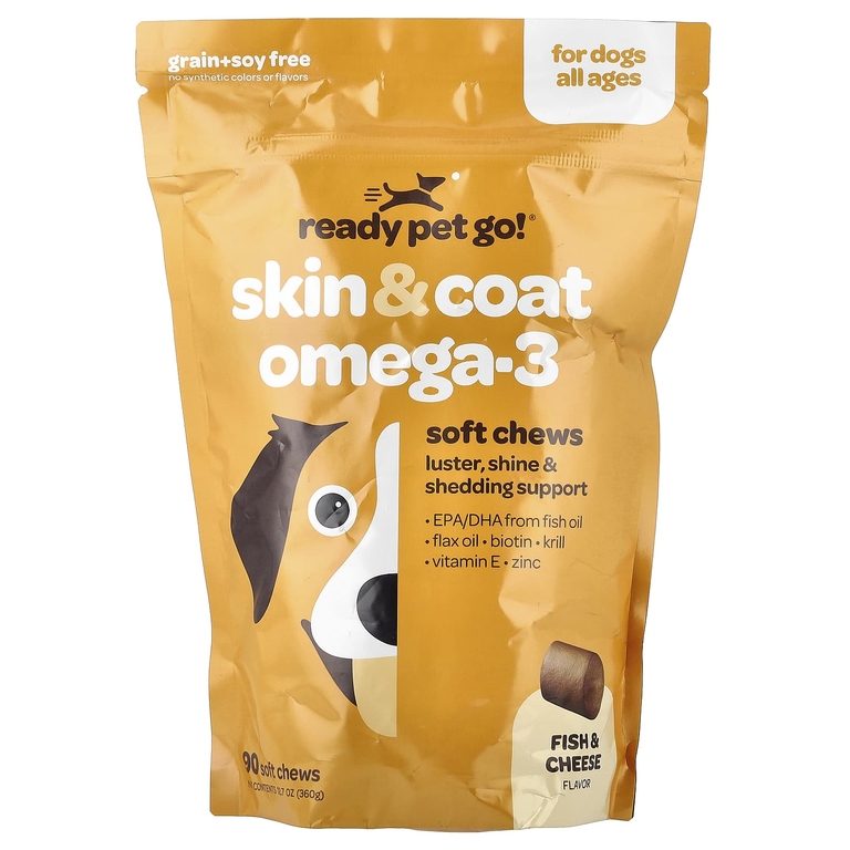 Ready Pet Go, Omega Health Chews, поддержка кожи и шерсти для собак всех возрастов, рыбий жир + сыр, 90 мягких жевательных таблеток