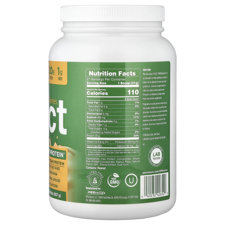 PEScience, Vegan Series, Select Plant Protein™, арахисовая паста, 837 г (1,84 фунта)