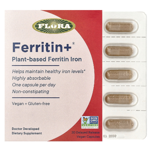 Flora, Ferritin+®, растительный ферритин (железо), 30 веганских капсул с отсроченным высвобождением (20 мг в 1 капсуле)
