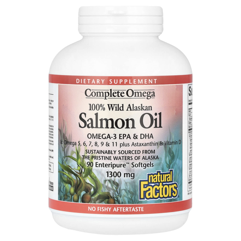 Natural Factors, Complete Omega, 100% жир дикого аляскинского лосося, 1300 мг, 90 капсул Enteripure™