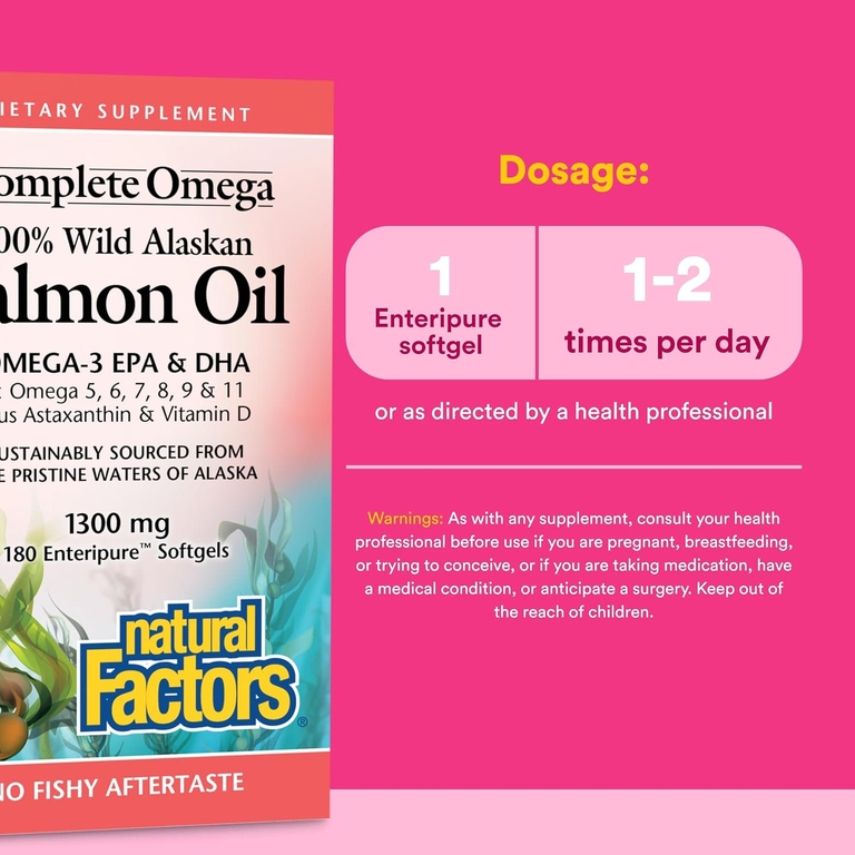 Natural Factors, Complete Omega, 100% жир дикого аляскинского лосося, 1300 мг, 180 капсул Enteripure