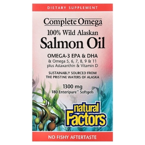Natural Factors, полноценная омега-добавка, 100% масло дикого аляскинского лосося, 1300 мг, 180 мягких капсул Enteripure™