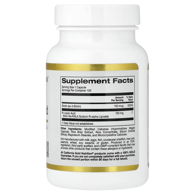 California Gold Nutrition, стабилизированная R-липоевая кислота с Na-RALA Bio-Enhanced® и биотином, 120 растительных капсул