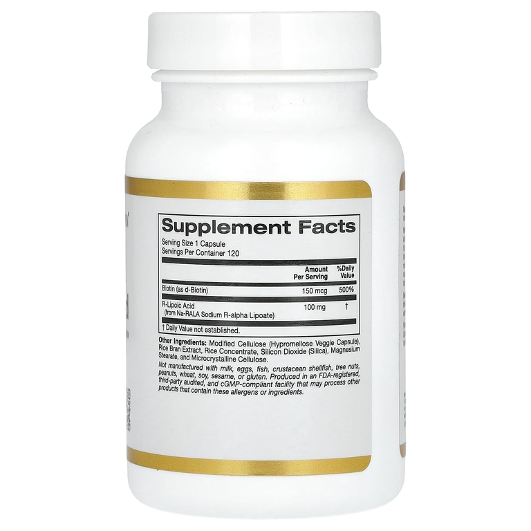 California Gold Nutrition, стабилизированная R-липоевая кислота с Na-RALA Bio-Enhanced® и биотином, 120 растительных капсул