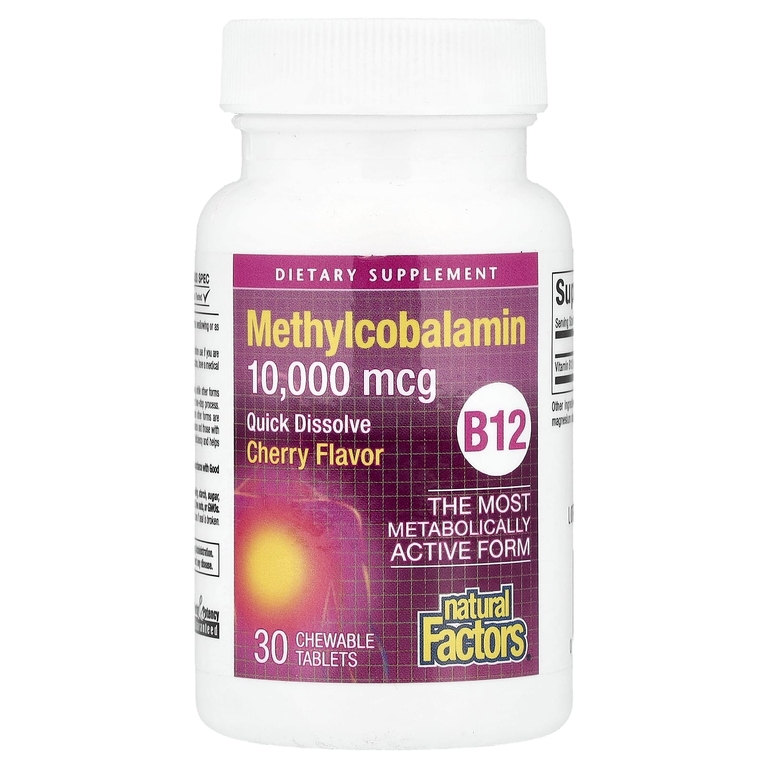 Natural Factors, B12 Метилкобаламин, Вишня, 10 000 мкг, 30 жевательных таблеток