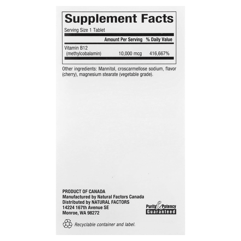 Natural Factors, B12 Метилкобаламин, Вишня, 10 000 мкг, 30 жевательных таблеток