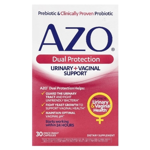 AZO, Dual Protection, поддержка мочеиспускания и влагалища, 30 капсул для приема один раз в день