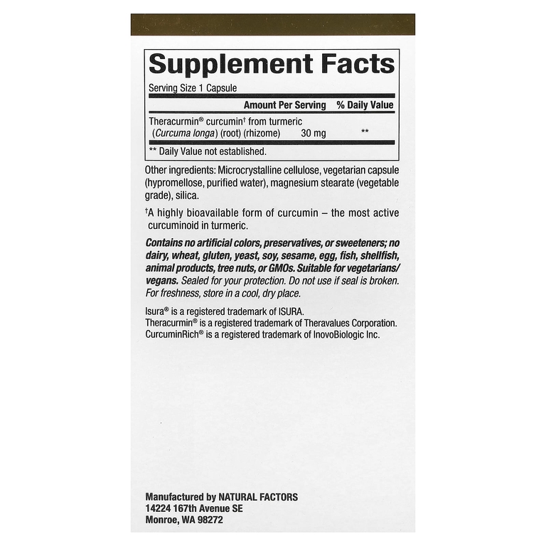 Natural Factors, CurcuminRich, Theracurmin, куркумин, 30 мг, 120 вегетарианских капсул