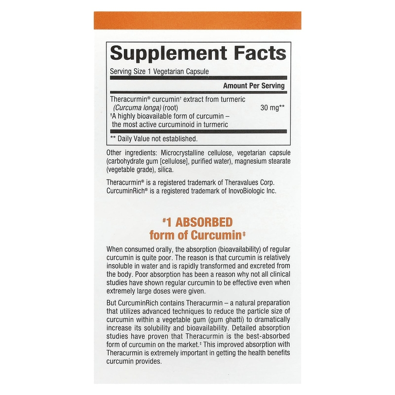 Natural Factors, CurcuminRich, Theracurmin, куркумин, 30 мг, 30 вегетарианских капсул