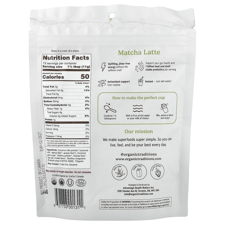 Organic Traditions, Матча латте с пробиотиками, 150 г (5,3 унции)