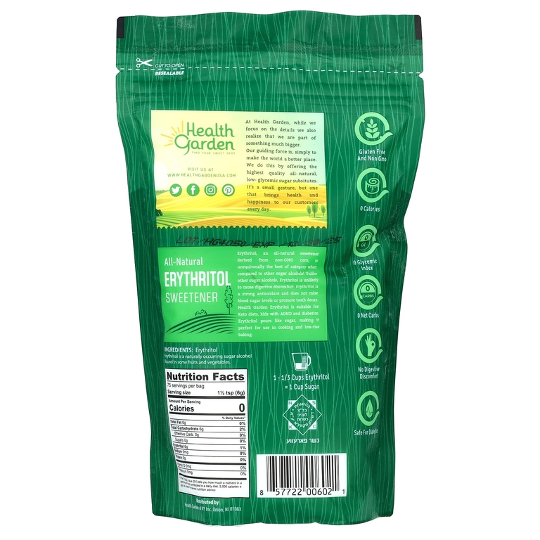 Health Garden, Полностью натуральный подсластитель эритритол, 453 г (1 фунт)